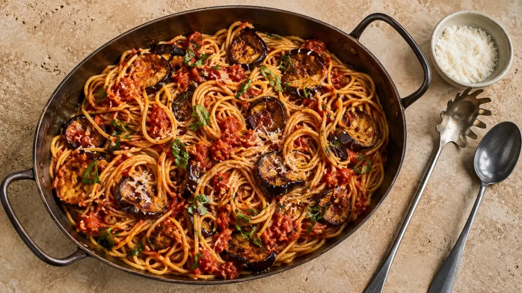 Pasta alla Norma mit Aubergine, Tomatensauce und Pecorino in einer großen Pfanne