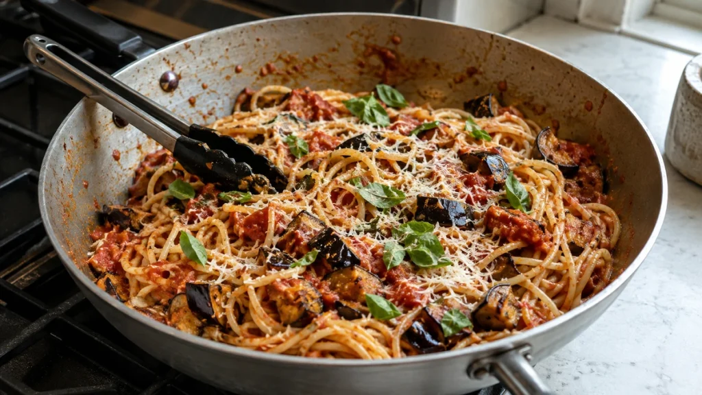 Pasta alla Norma nach Ottolenghi mit Spaghetti, Auberginen und Pecorino