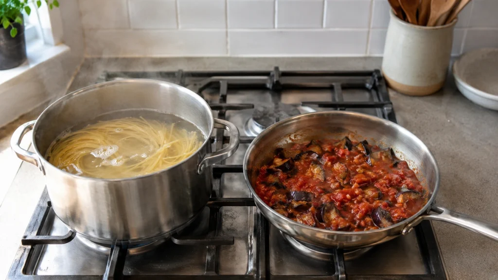 Spaghetti und Auberginen-Tomatensauce für Ottolenghis Pasta alla Norma