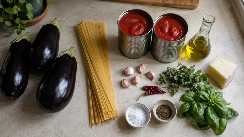 Zutaten für Pasta alla Norma mit Auberginen und Spaghetti