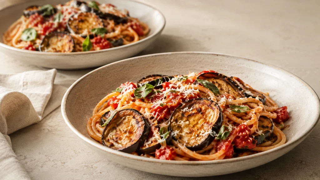 Zwei Teller Pasta alla Norma mit Auberginen, Tomaten, Basilikum und Pecorino