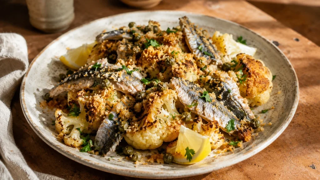 Gerösteter Blumenkohl mit Sardinen, Kapern, Semmelbröseln und Zitrone