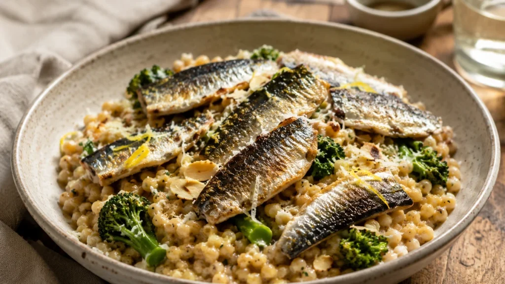 Fregola Sarda mit Sardinenfilets, Broccolini, Mandeln und Zitrone