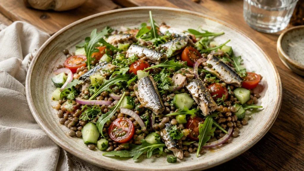 Linsensalat mit Sardinen, Tomaten, Gurke, Rucola und roten Zwiebeln