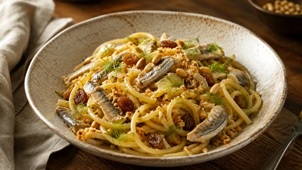 Pasta con le Sarde mit Sardinen, Fenchel, Rosinen und Pinienkernen