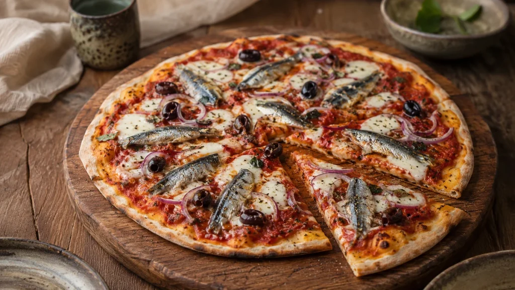 Pizza mit Sardinen, Tomaten, Mozzarella, roten Zwiebeln und Oliven