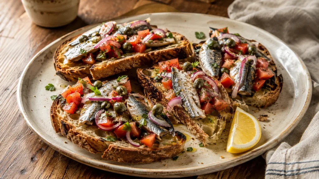 Rezepte aus Sardinen: Sauerteigbrot mit Sardinen, Tomaten, roten Zwiebeln und Kapern