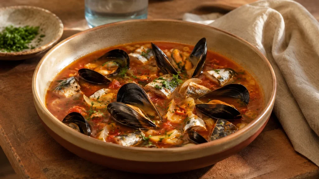 Tomaten-Muschelsuppe mit Sardinenfilets, Miesmuscheln und Petersilie