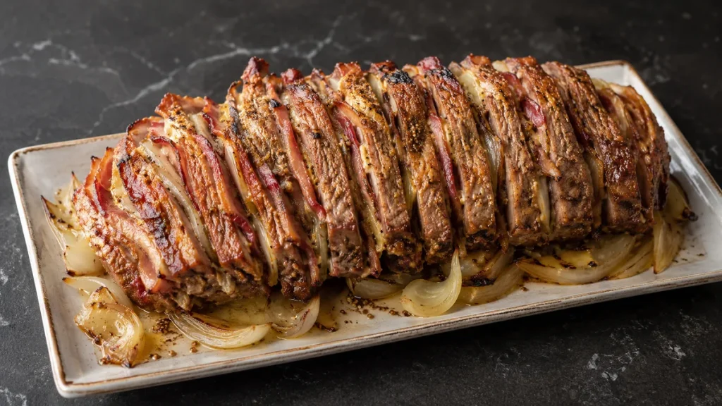 Schweinenacken-Fächerbraten mit Bacon, Zwiebelstreifen und Bratensaft