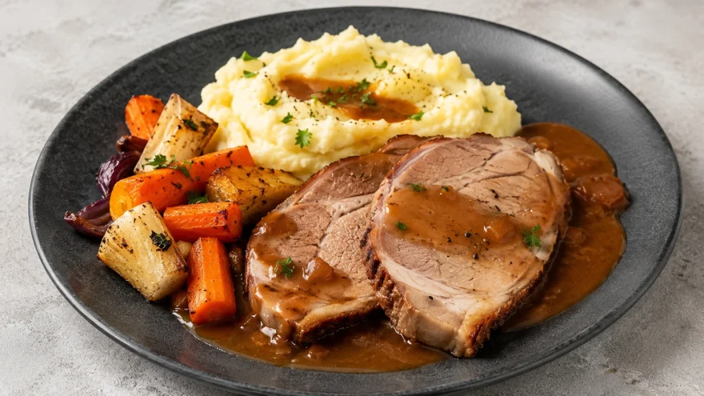 Schweinenackenbraten mit Kartoffelpüree, Soße und Ofengemüse