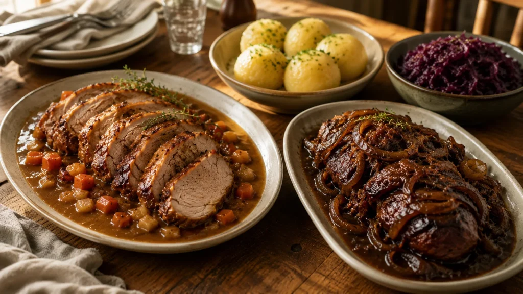 Schweinenacken im Ofen klassisch mit Wurzelgemüsesoße und mit dunkler Malzbiersoße