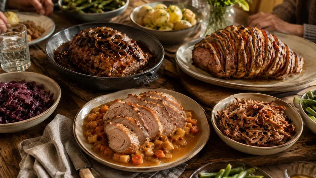 Rustikale Familientafel mit vier Schweinegerichten, Kartoffeln, Rotkohl und Bohnen