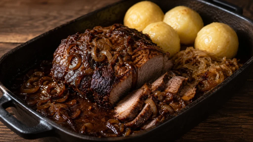 Schweinenacken im Ofen mit Malzbier, dunkler Zwiebelsoße und Kartoffelklößen