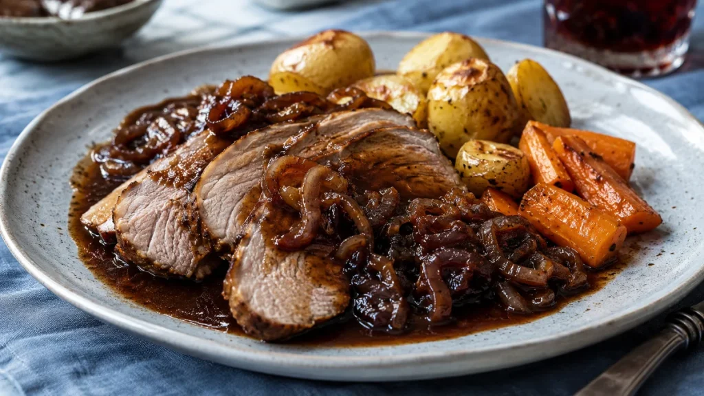 Saftige Schweinenackenscheiben mit dunkler Soße und Röstkartoffeln