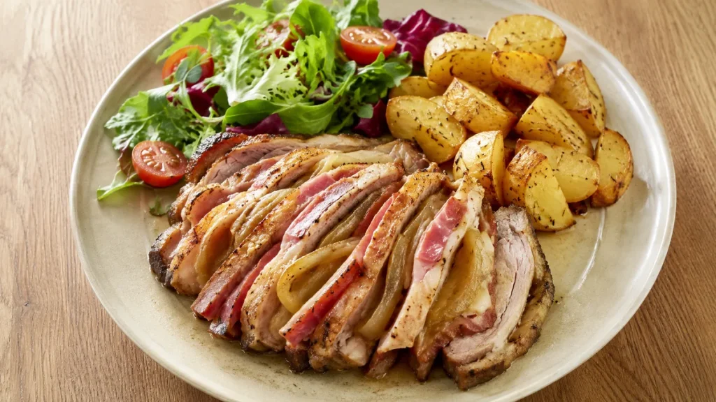Gefüllte Schweinenackenscheiben mit Bacon, Zwiebeln und Röstkartoffeln