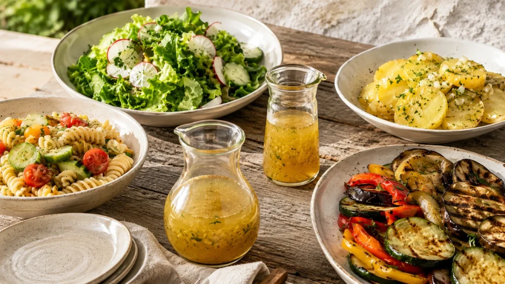 Goldenes Sylter Dressing auf einem sommerlichen Salatbuffet