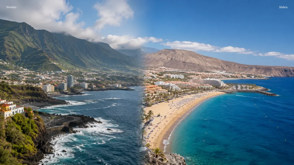 Teneriffa Norden oder Süden mit grüner Nordküste und sonnigem Strand im Süden