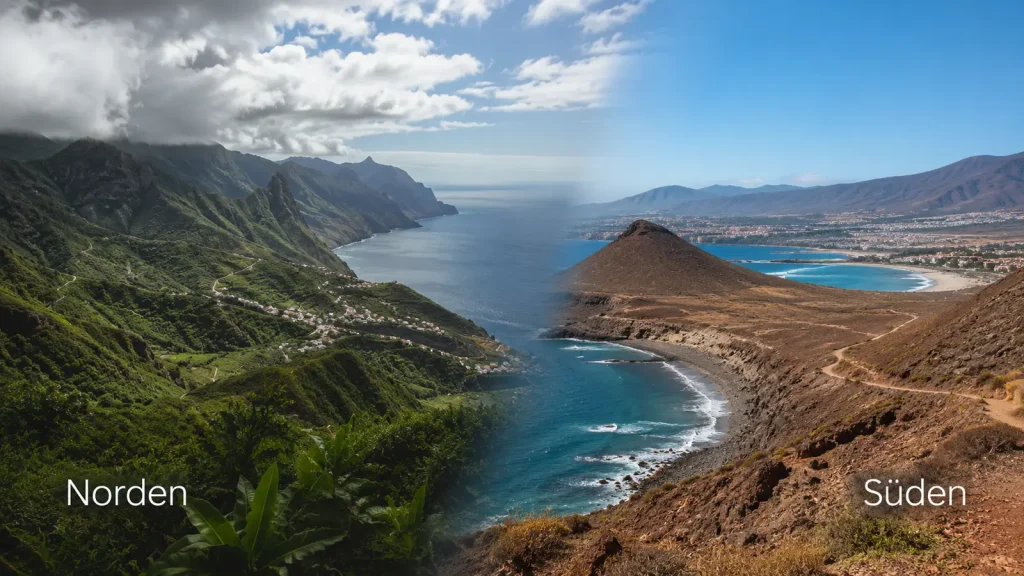 Grüne Berglandschaft im Norden und trockene Küste im Süden Teneriffas