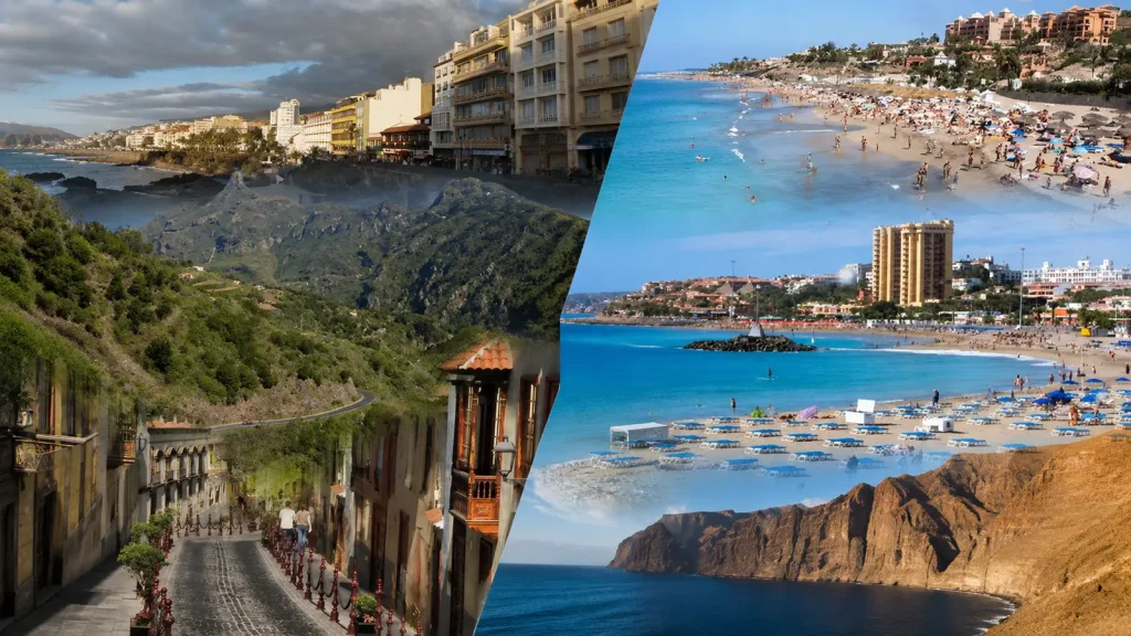 Wolkige grüne Landschaft im Norden und sonnige Küste im Süden Teneriffas