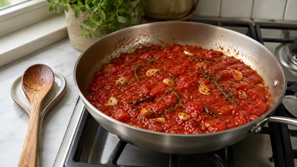 Reduzierte Tomatensauce mit Knoblauch, Chili und Oregano