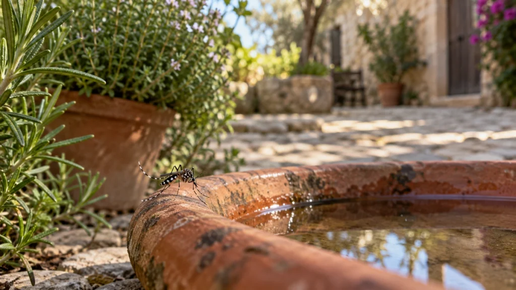 Eine Asiatische Tigermücke sitzt am Rand einer Terrakottaschale mit Regenwasser zwischen mediterranen Kräutern.
