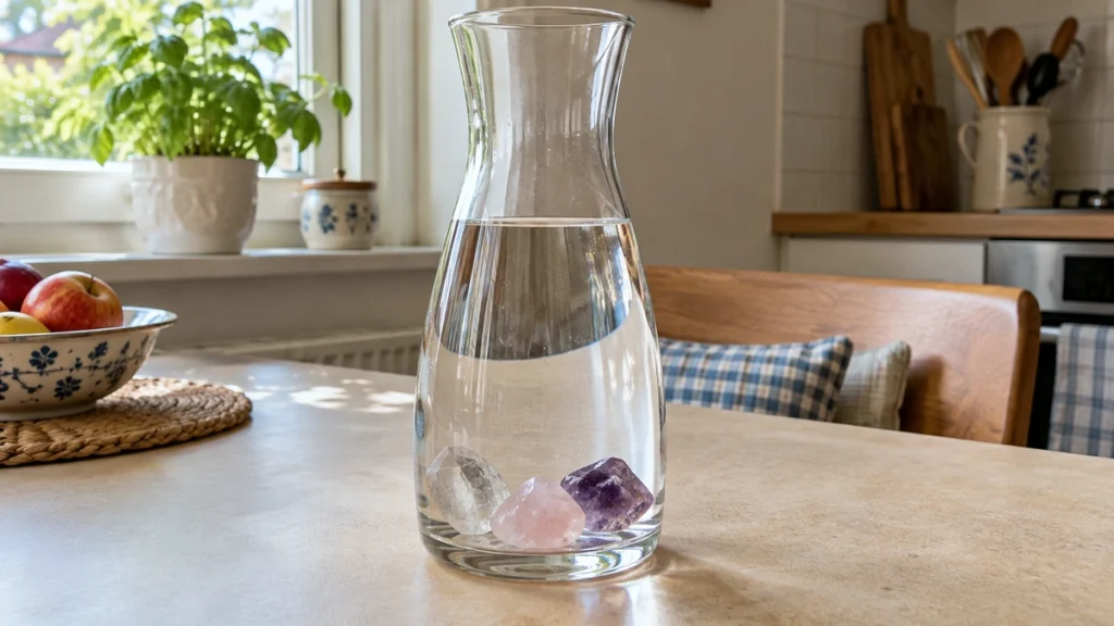Glaskaraffe mit Wasser, Bergkristall, Rosenquarz und Amethyst