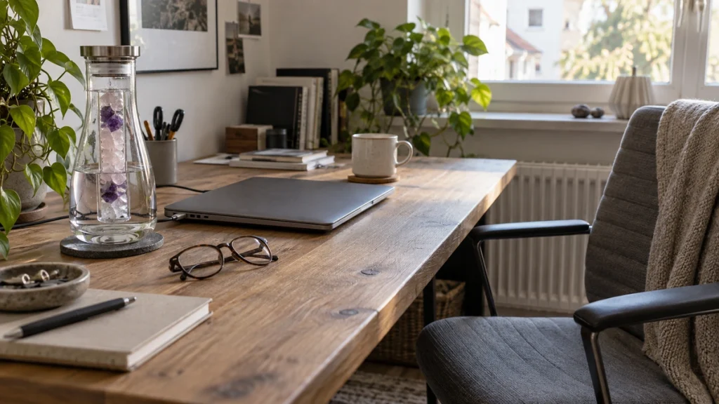 Edelstein-Karaffe neben geschlossenem Laptop, Tasse und Lesebrille