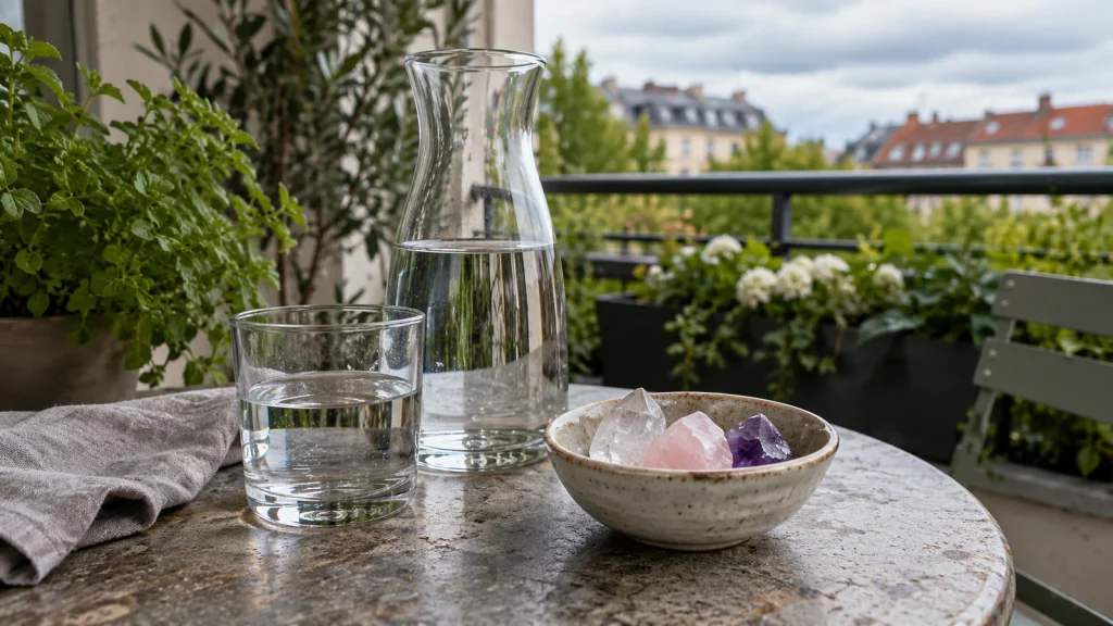 Wasserkaraffe und drei Quarzsteine auf einem begrünten Stadtbalkon