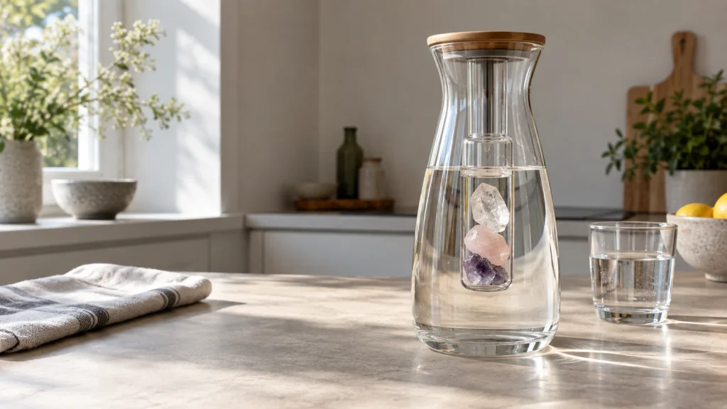 Edelsteine im Wasser – Glaseinsatz mit Bergkristall, Rosenquarz und Amethyst