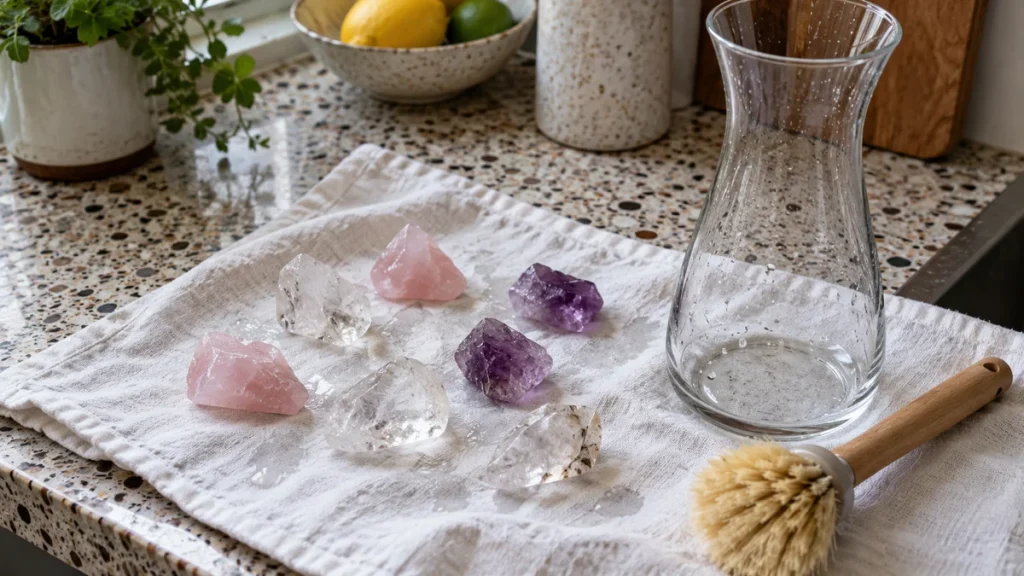 Edelsteine für Edelsteinwasser reinigen und auf einem Baumwolltuch trocknen