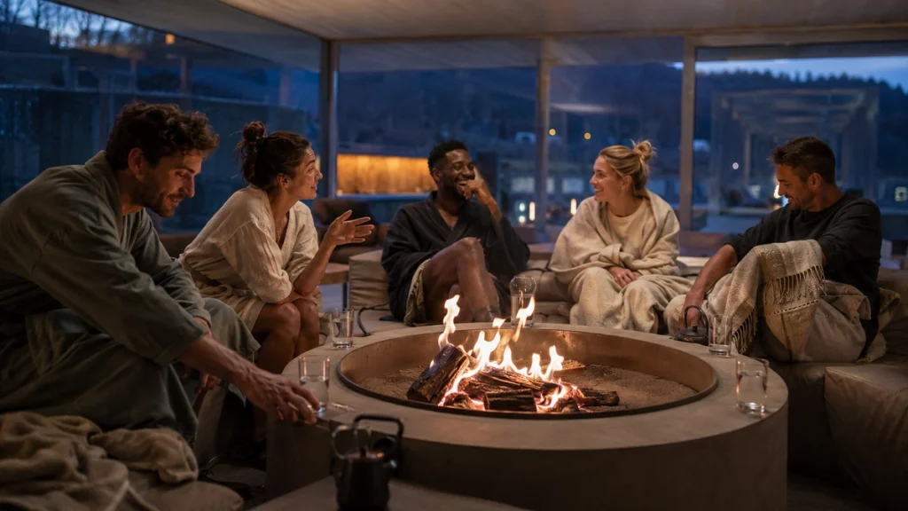 Freunde verbringen einen entspannten Abend am Kamin eines Wellnessbereichs.