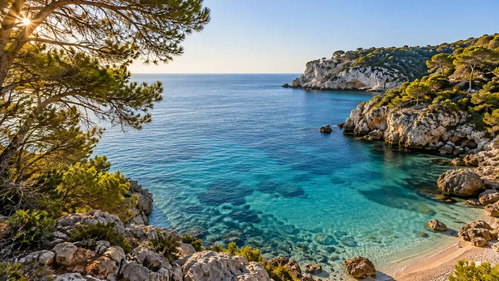 Türkisfarbene Bucht auf Mallorca mit Felsen und Pinien