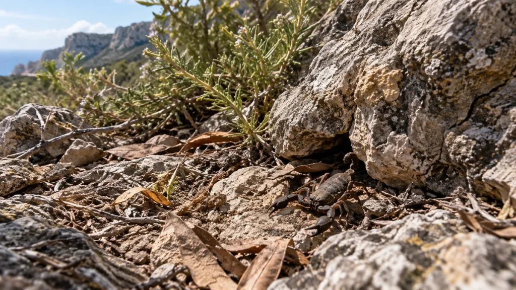 Balearischer Skorpion zwischen Kalksteinen auf Mallorca