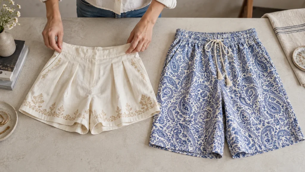 Griechenland-Shorts für Damen: cremefarbene Faltenshorts und Paisley-Shorts im Vergleich