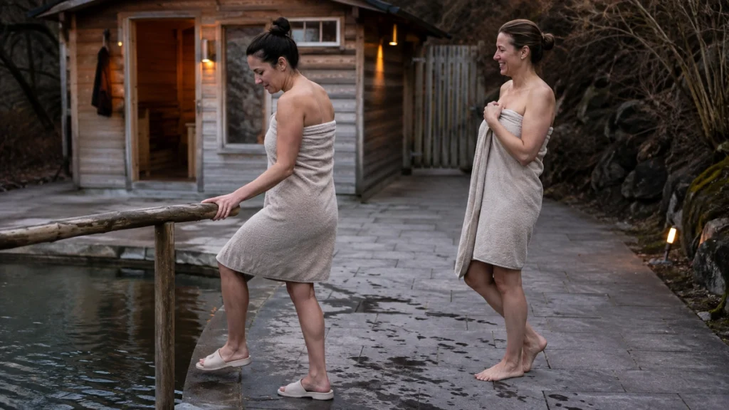 Zwei Frauen lachen am Wasserbecken vor einer kleinen Holzsauna.