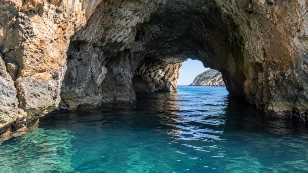 Blick aus einer Kalksteinhöhle auf das blaue Mittelmeer an Mallorcas Küste.