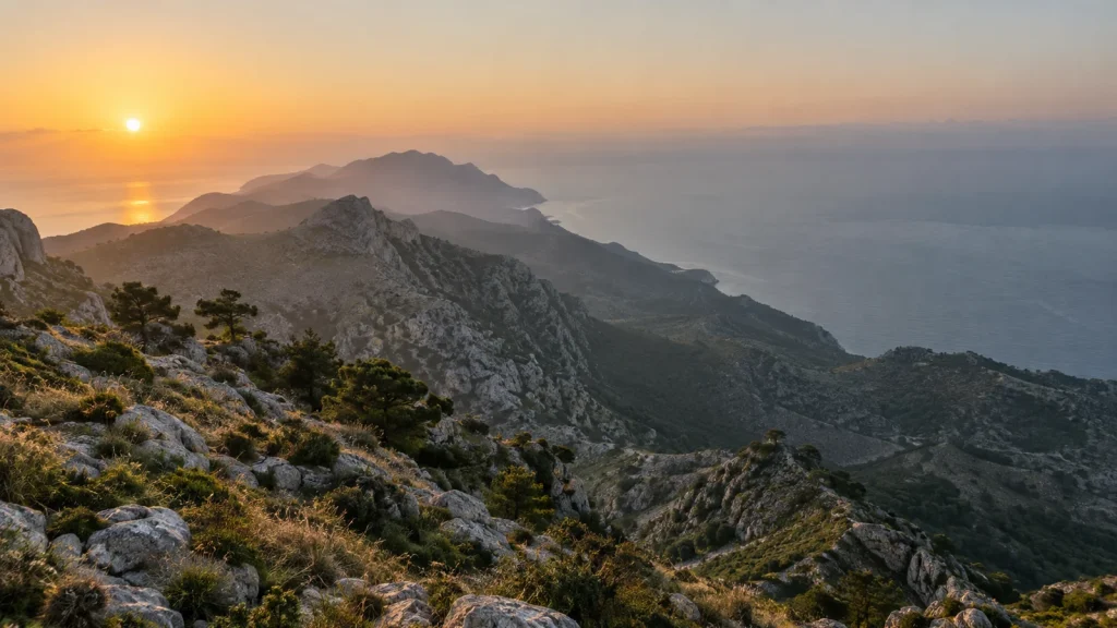 Die Serra de Tramuntana im warmen Morgenlicht mit dem Mittelmeer im Hintergrund.
