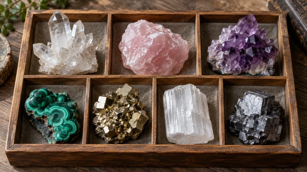 Sieben unterschiedliche Mineralien – darunter Bergkristall, Rosenquarz und Amethyst – in getrennten Fächern.