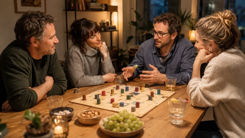 Neue Freunde über gemeinsame Hobbys bei einer Brettspielrunde kennenlernen