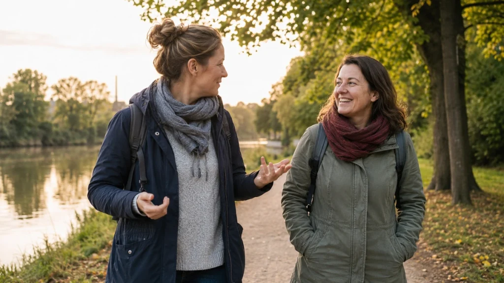 Zwei Frauen unterhalten sich bei einem Spaziergang am Wasser