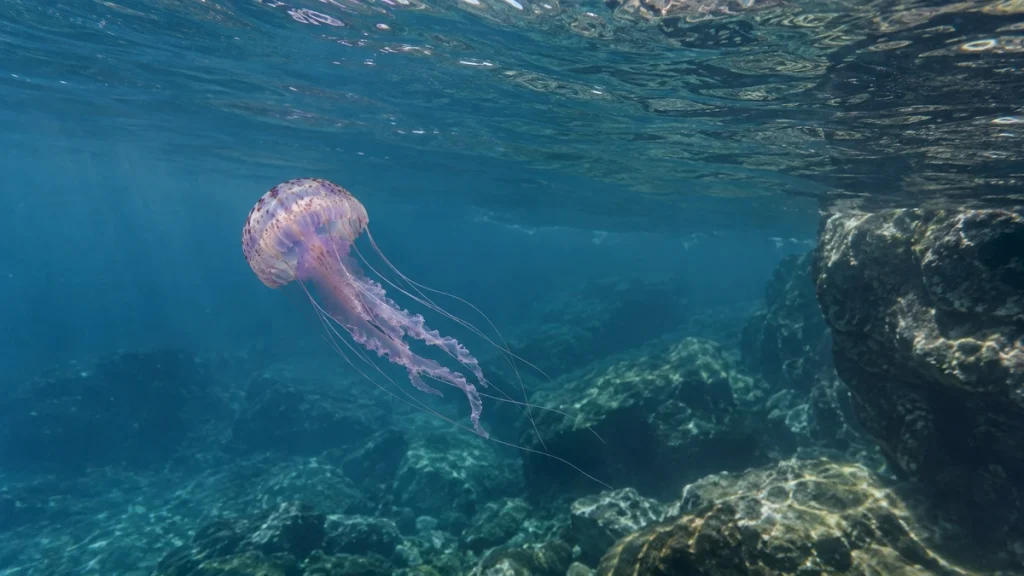 Pelagia noctiluca mit langen Tentakeln im klaren Mittelmeer