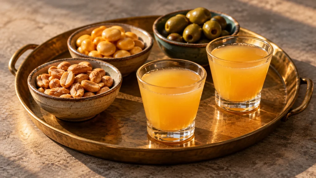 Poncha aus Madeira mit Dentinho aus Erdnüssen, Lupinen und grünen Oliven