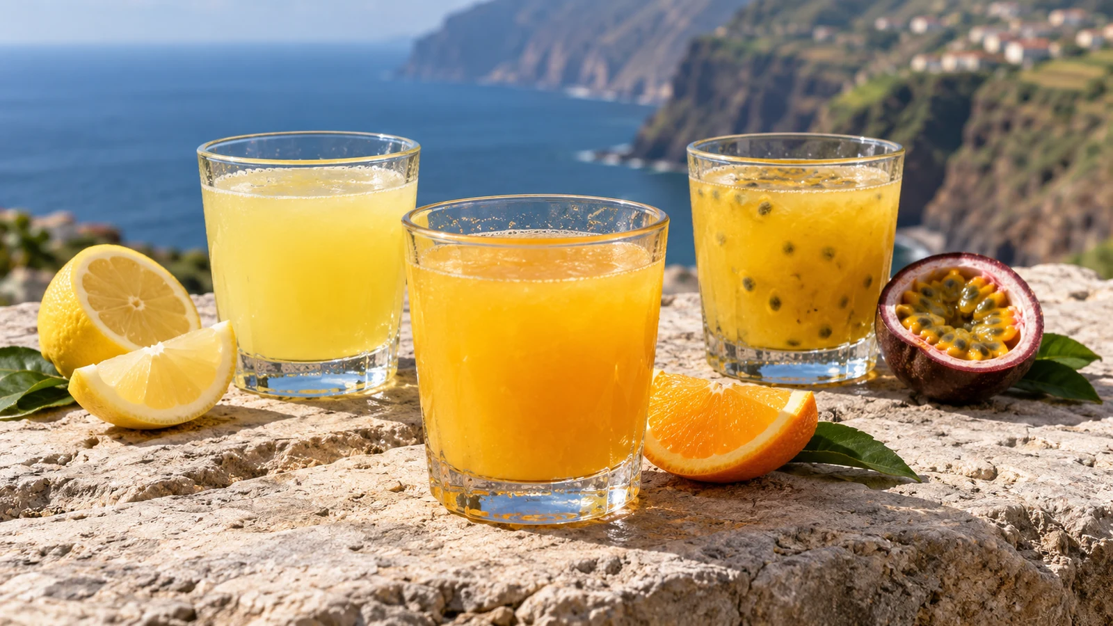 Poncha-Varianten aus Madeira mit Pescador, Orange und Maracuja