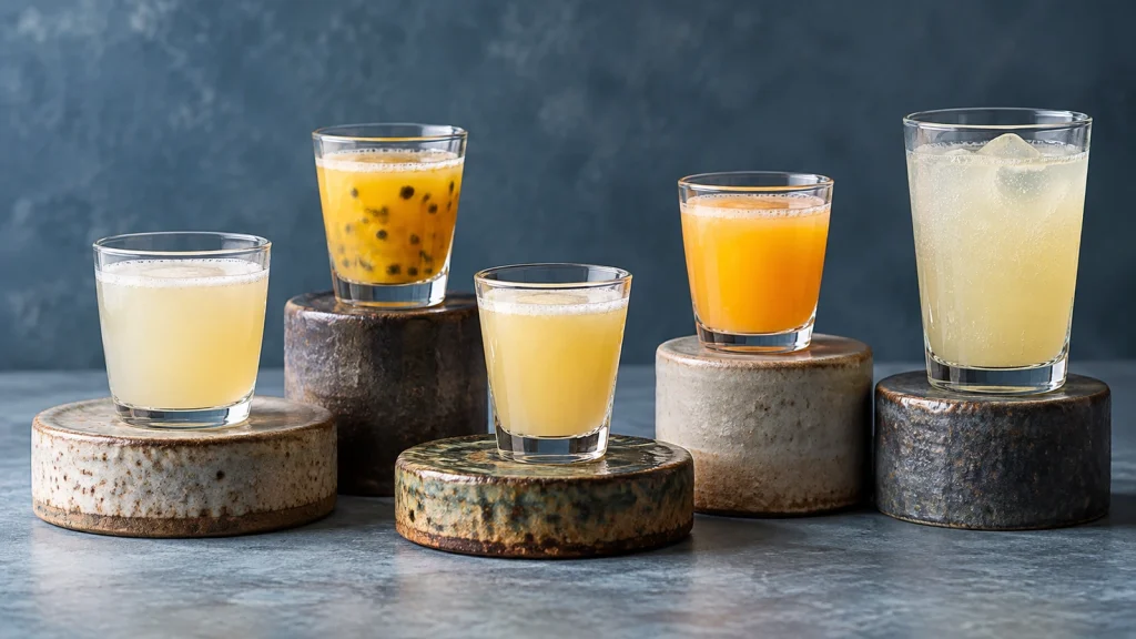Fünf Poncha Varianten mit Pescador, Regional, Orange, Maracuja und alkoholfreier Poncha