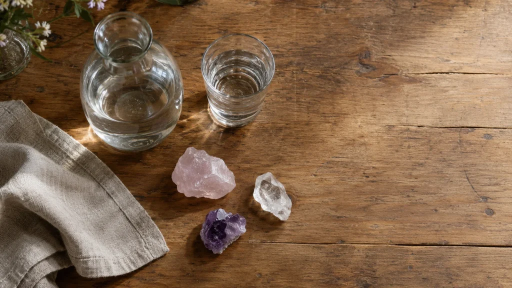 Bergkristall, Rosenquarz und Amethyst mit Wasserkaraffe auf Holztisch von oben