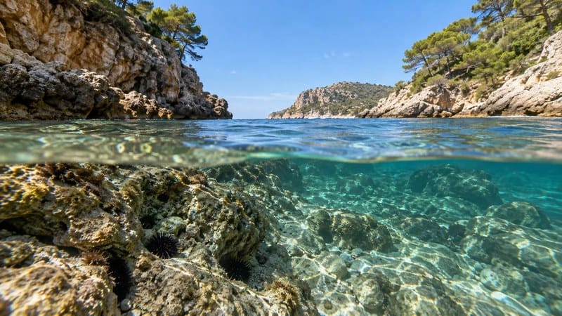 chwarze Seeigel auf Unterwasserfelsen im klaren Mittelmeer vor Mallorca.