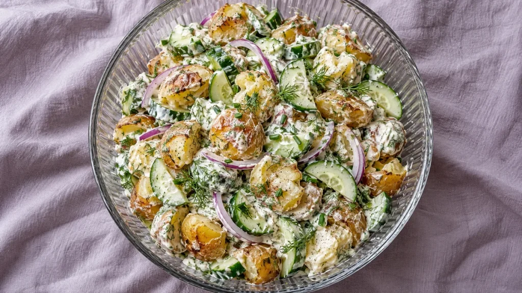 Smashed Potatoes Salat mit Gurke und griechischem Joghurt