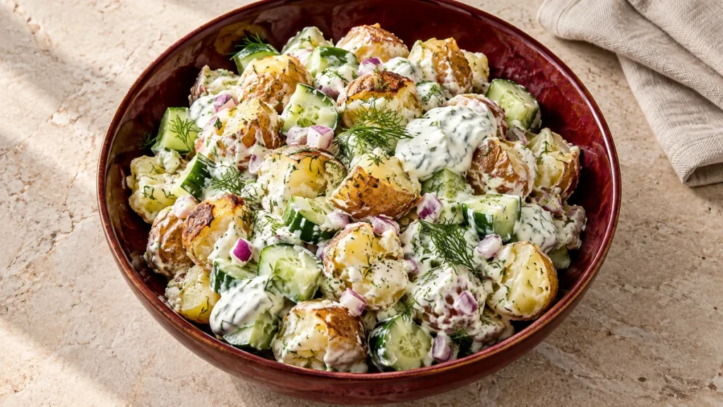 Cremiger Smashed Potatoes Salat mit Gurke, griechischem Joghurt und Dill