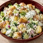 Cremiger Smashed Potatoes Salat mit Gurke, griechischem Joghurt und Dill