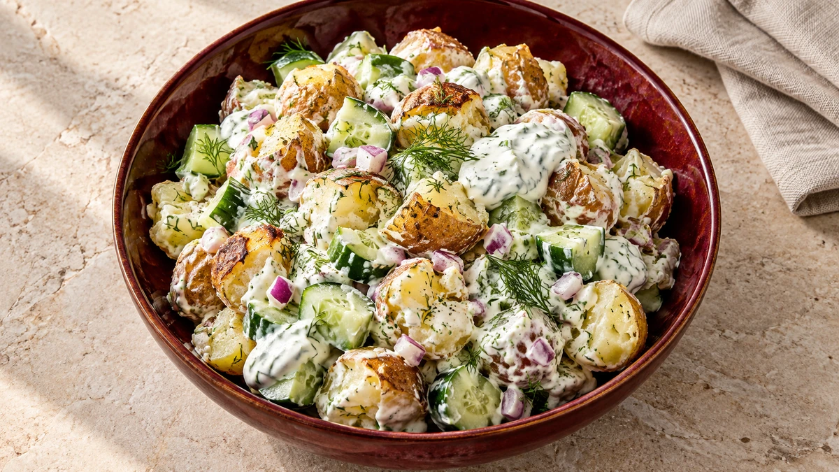 Cremiger Smashed Potatoes Salat mit Gurke, griechischem Joghurt und Dill